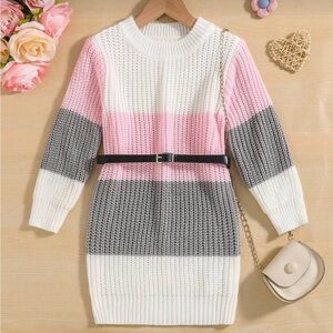 Cozy Knit Dress with Pink, Gray, and White Stripes